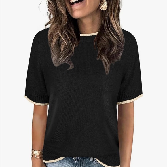 Black and Cream Women’s Short Sleeved Sweater Soft Material NWOT Sz L - Picture 2 of 8